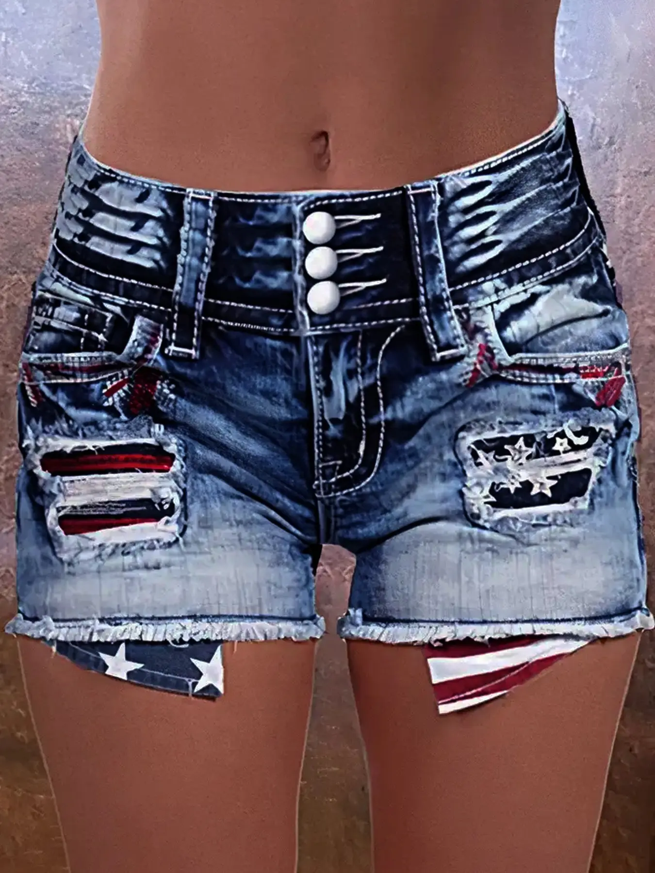 Women's Star & Striped Pattern Button Fly Denim Shorts, Casual Fashion Shorts for Daily Wear, Ladies Bottoms for Summer, Frayed Hem Shorts