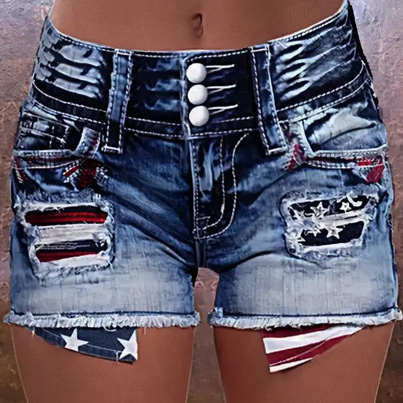 Women's Star & Striped Pattern Button Fly Denim Shorts, Casual Fashion Shorts for Daily Wear, Ladies Bottoms for Summer, Frayed Hem Shorts