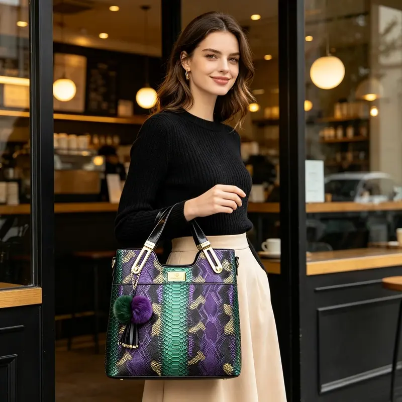 Ladies' gradient snake patterned handbag, luxurious purple green metal pattern top handle shoulder bag, gold hardware daily work handbag, detachable diagonal strap large capacity office commuting bag, stylish and elegant date shopping travel handbag
