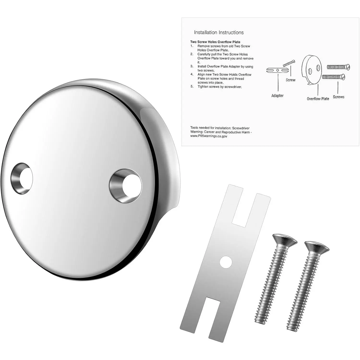 Brushed Nickel Hardware Dual-Hole Bathtub Overflow Cover with Adapter Kit, Round Plate, Includes Installation Accessories, Seals Overflow