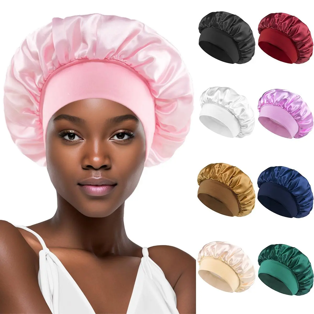 Solid Color Wide Elastic Band Satin Sleep Bonnet, Unisex Soft Hair Care Beauty Cap, Breathable Chemo Hair Loss Hat for Adults, Comfortable Night Sleep Cap for Curly Natural Hair Care
