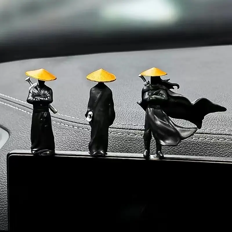 3-Pcs Mini Samurai Statue Set - Martial Arts Adventure Themed DIY-Friendly Car Dashboard Decorations, Auto Accessories, Office Desk Ornaments, Car Interior Accessory