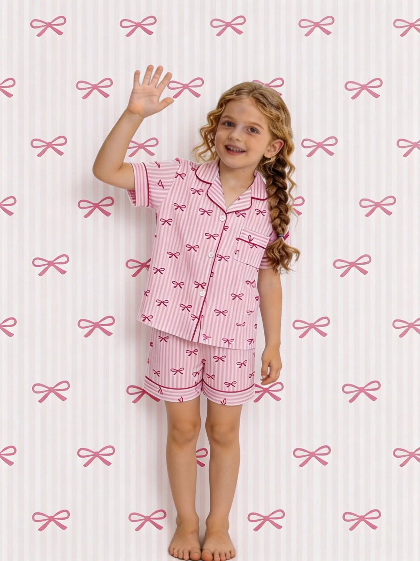2-piece set of children's pink and white thin strips with pink bow pattern printed short sleeved shorts, soft collar design, small pocket elastic waistband top, home daily casual sleepwear set Summer, Pj sets