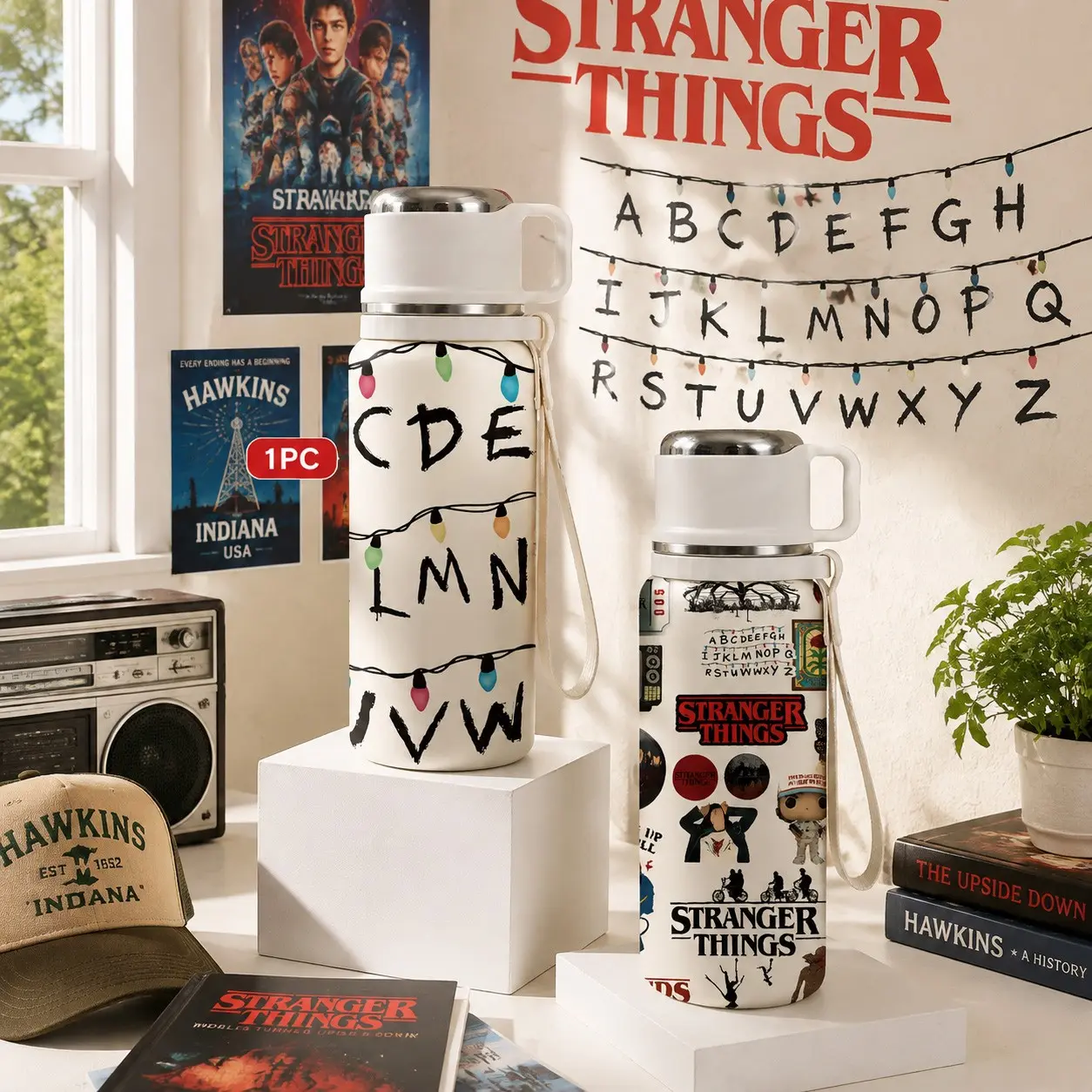1PC 20oz Stranger Things Inspired Insulated Water Bottle, Retro Horror TV Theme Stainless Steel Tumbler, Upside Down World Graphic Design Double Wall Vacuum Travel Coffee Mug, Drink Cup for School, Office, Gym, Camping, Halloween Christmas Gift Idea