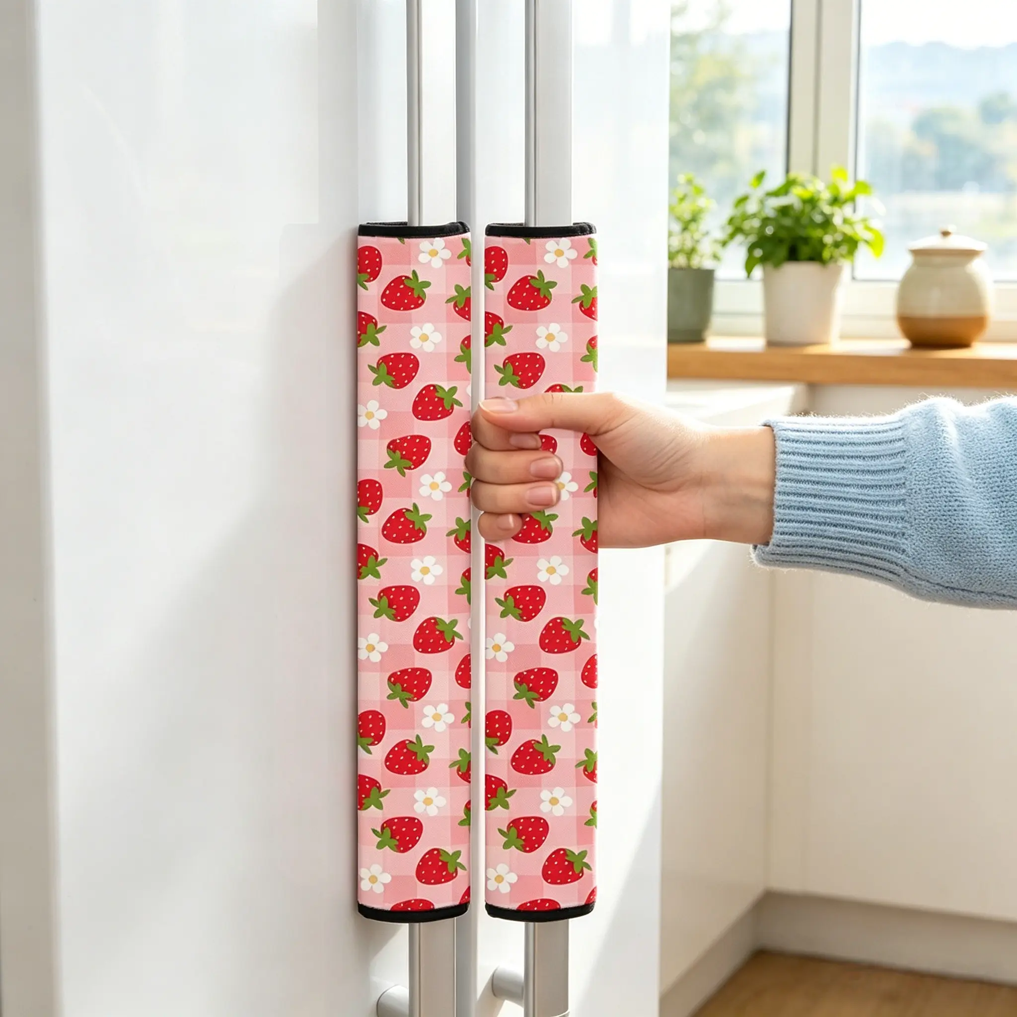 2pcs Plaid Striped Strawberry Pattern Microwave Refrigerator Handle Decor Set, Kitchen Appliance Handle Covers, Household Items, C26022715