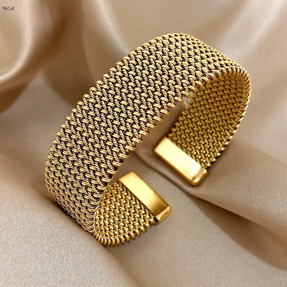 Gold Tone Wide Mesh Cuff Bracelet Flexible Stainless Steel Elegant Lightweight 6.5cm Comfortable Versatile Daily Wear Party Special Occasion Gift Women Girls Fashion Jewelry Accessory