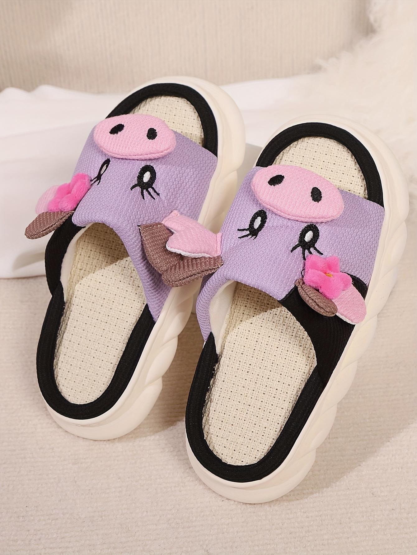 Cute Flower Cow Linen Slippers Indoor Home Use Non-Slip Odor-Resistant Outdoor Thick-Soled SandalsMinimalist Fluffy Home Slippers,Open Toe Bedroom Sandals for Gifts,Casual Soft Pink Bedroom Slippers, Fuzzy Warm Slippers for Women 2025, Walking Shoes
