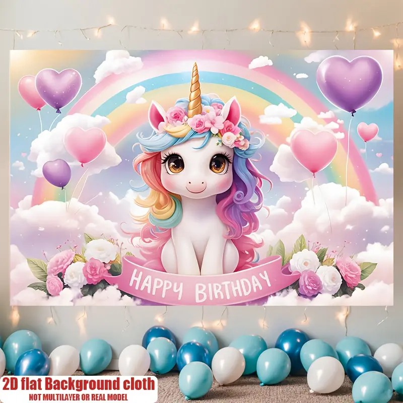 2D flat banner, 1 piece, charming pink unicorn happy birthday backdrop decoration photo prop, polyester fiber banner decoration, home decor, room decor, wall decor, party backdrop decoration/supplies, Birthday themed backdrops, gift decorative background