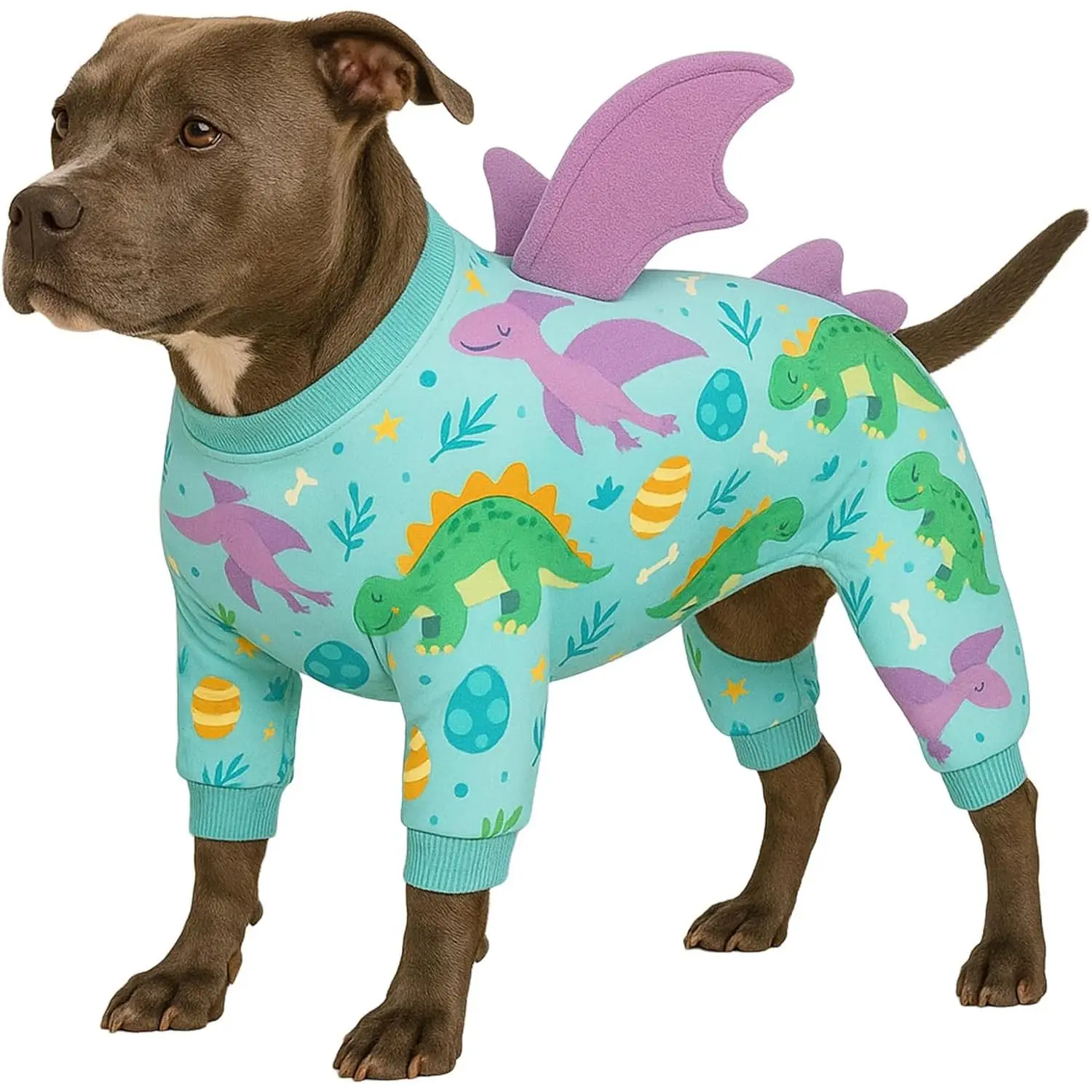 Large Dog Pajamas, Four-Leg Stretch Onesie Bodysuit, Lightweight UV-Shielding Pajamas, Anti-Lick Calming Recovery Suit for Surgery, 3D Dino Wing Design with Soft Spikes, Blue Purple, XL
