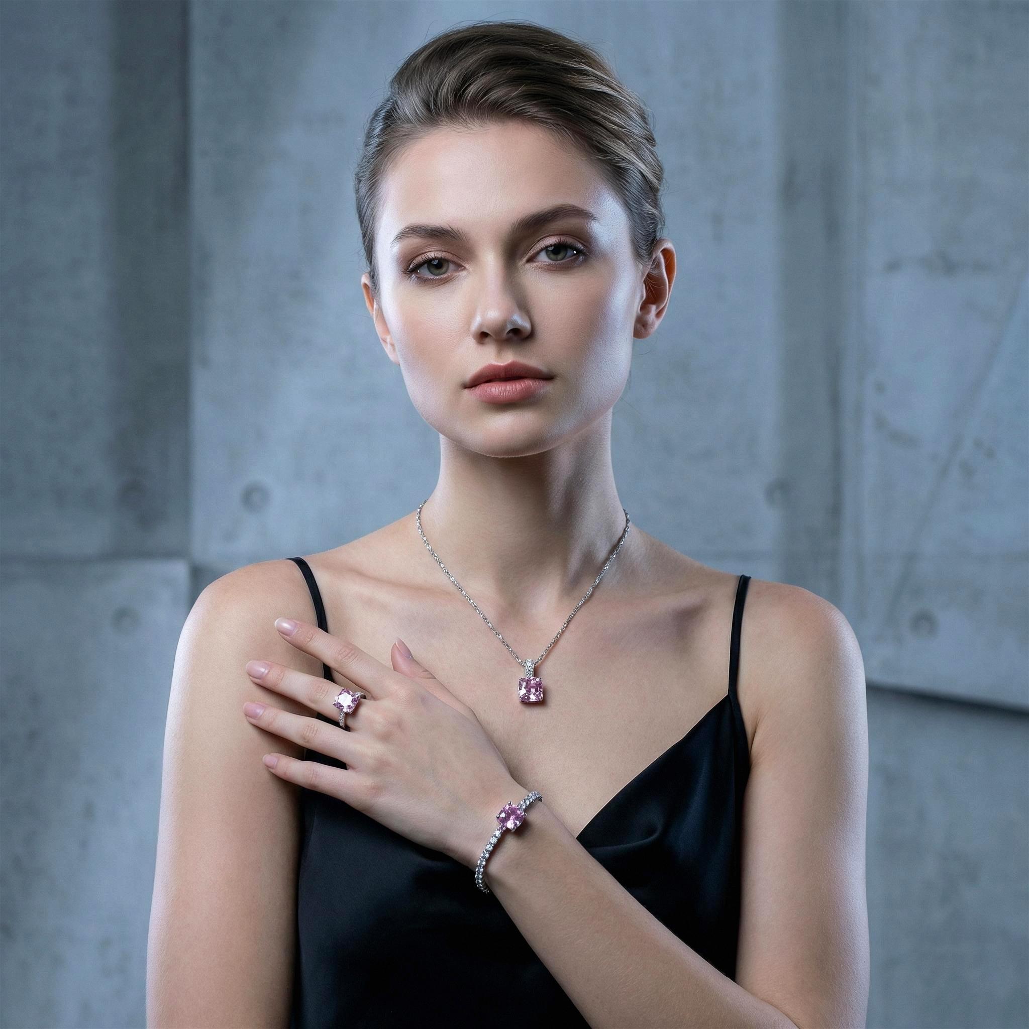 VAELUME Luxury 18K White Gold Plated Octagon Rose-Cut Pink Diamond Jewelry Set - 3PC Necklace Bracelet Ring-5A VVS CZ, Perfect for Daily Wear, Anniversaries,Birthday Gift for Women and Girls