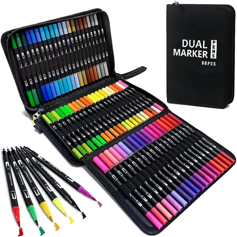 60 Colors Fine Line Art Marker Pen Set, 60pcs Dual Tip Markers, Manga Brush Pen for Drawing Painting Watercolor, School Supplies