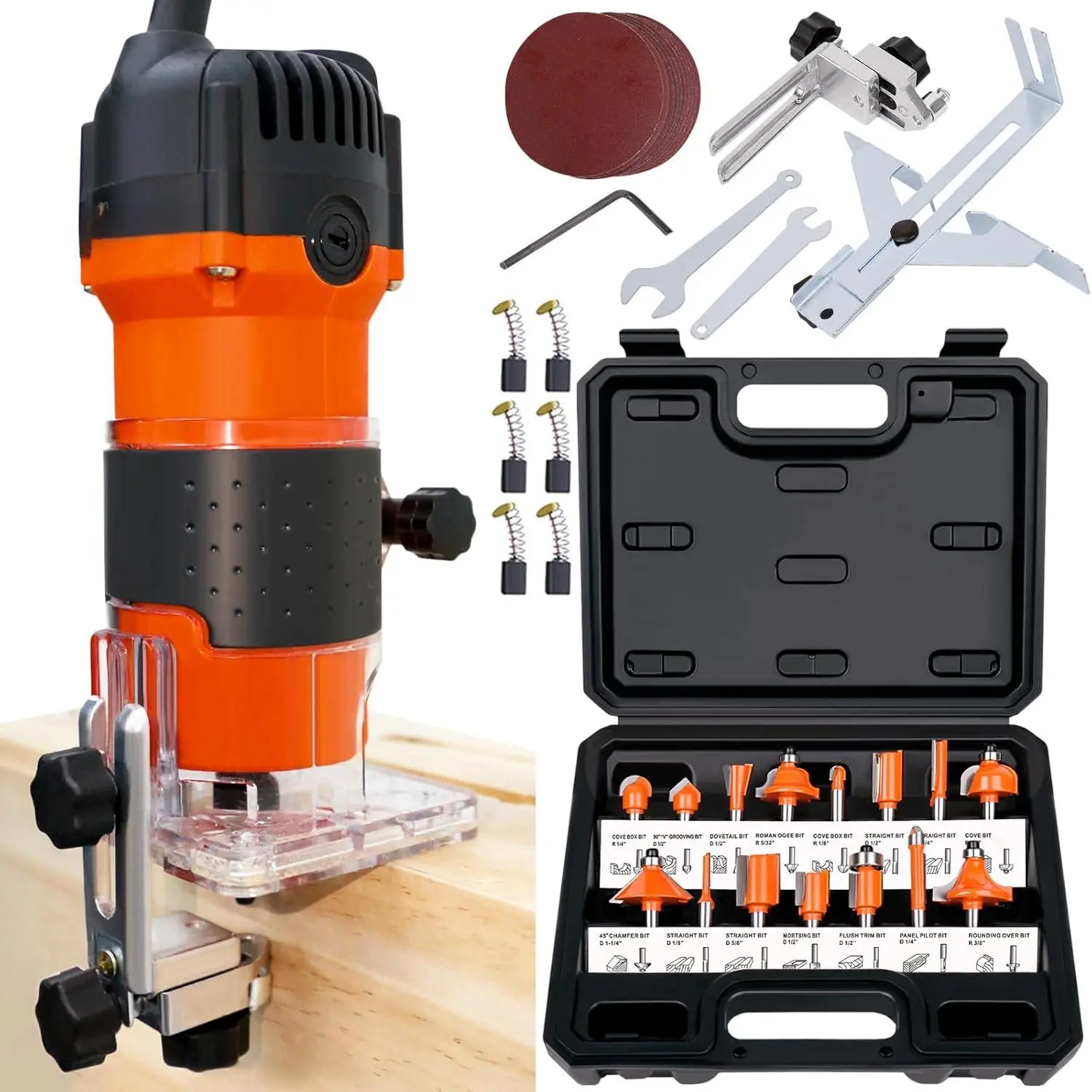 Router Tool, 6.5 Amp 1.25 HP Wood Router for Woodworking, Trim Router with 15 Pieces 1/4" Router Bits Set