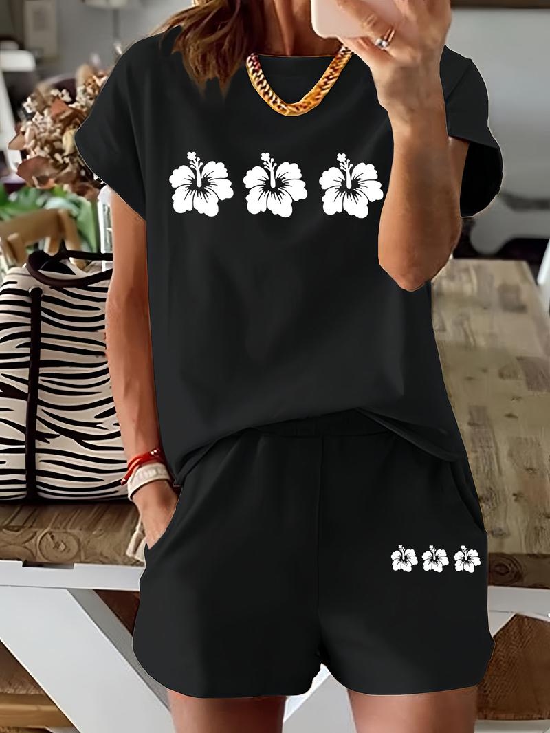 Two-Piece Set Women's Floral Print Tee & Shorts, Casual Short Sleeve T-shirt & Shorts for Summer, Ladies Clothes for Daily Wear
