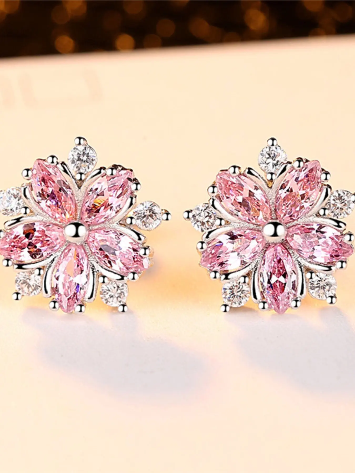 Cute Cherry Blossoms Earrings Synthetic Zirconia Flower Stud Earrings for Women & Girls Delicate Jewelry Perfect for Engagement Weddings Party, Daily Wear Anniversary Gift