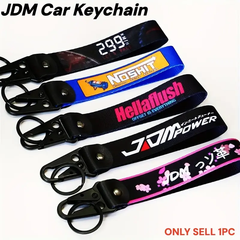 1 Piece JDM Style Car Keychain, Cool Keychains, Nylon Thermal Transfer Keychain with Wrist Lanyard, Compatible with Cars, Motorcycles & Backpacks, Automotive Gift for JDM Fans and Japanese Culture Lovers, Sturdy