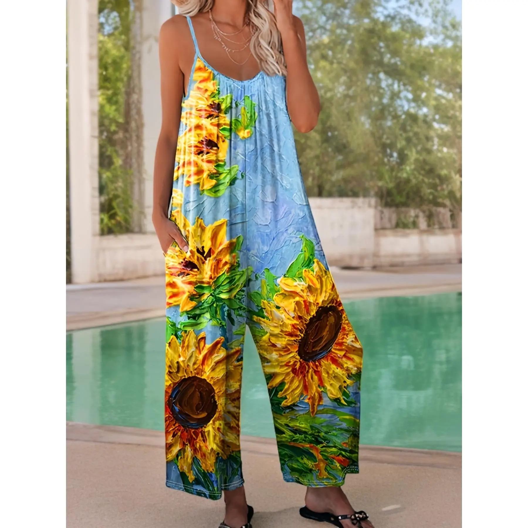 Bohemian Sunflower Print Pleated Spaghetti Strap Wide-Leg Jumpsuit with Pockets