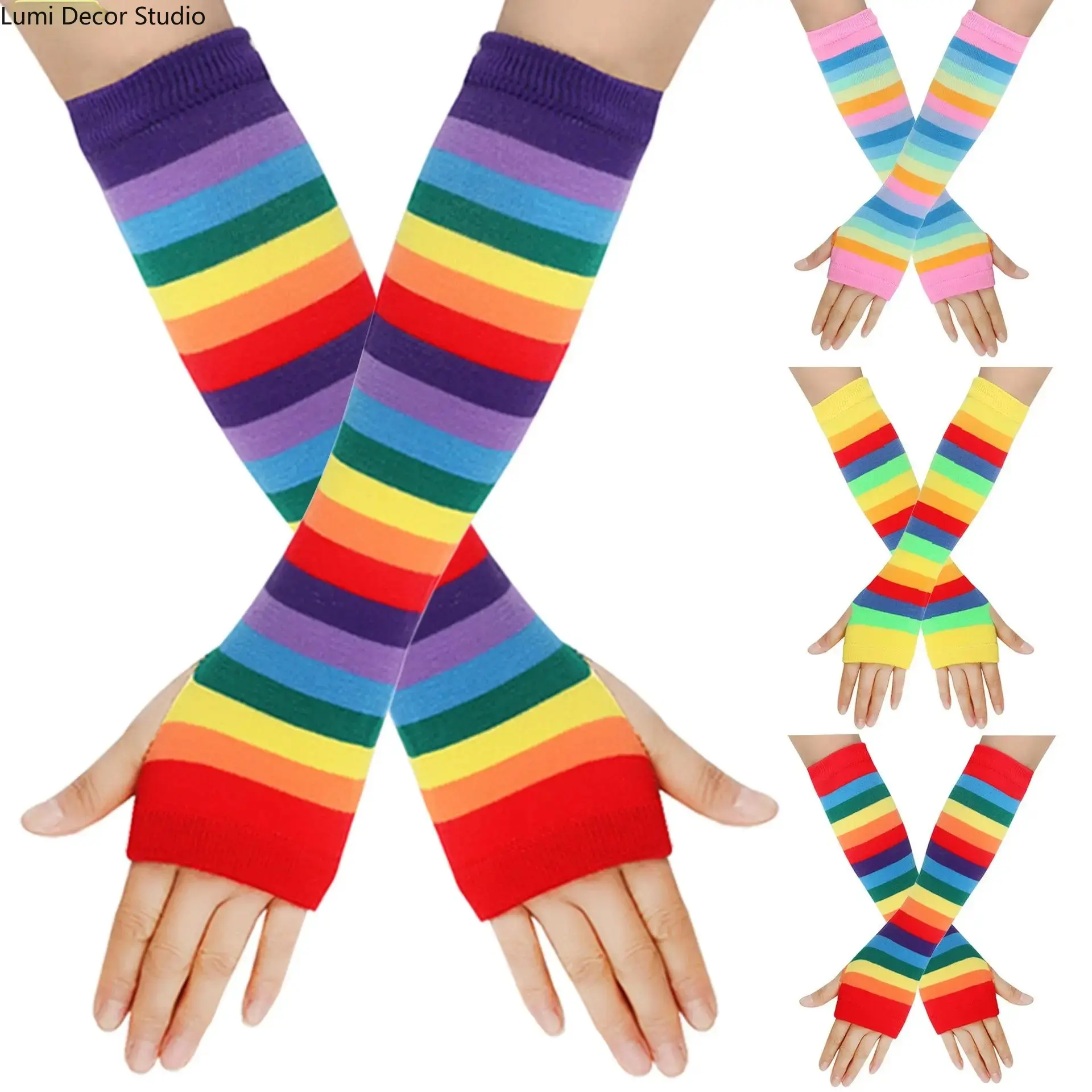 Rainbow Knitted Arm Warmers, Long Fingerless Soft Warm Pride Gloves for Festivals, Parades & Street Style Wear, Lgbtq+ Pride Month, Casual, Accessories, Handwear, Sleeves, Party, Female, Pride Events