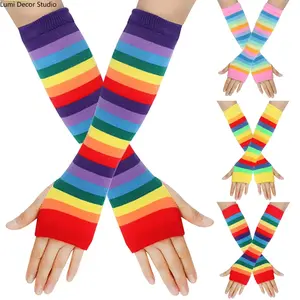 Rainbow Knitted Arm Warmers, Long Fingerless Soft Warm Pride Gloves for Festivals, Parades & Street Style Wear