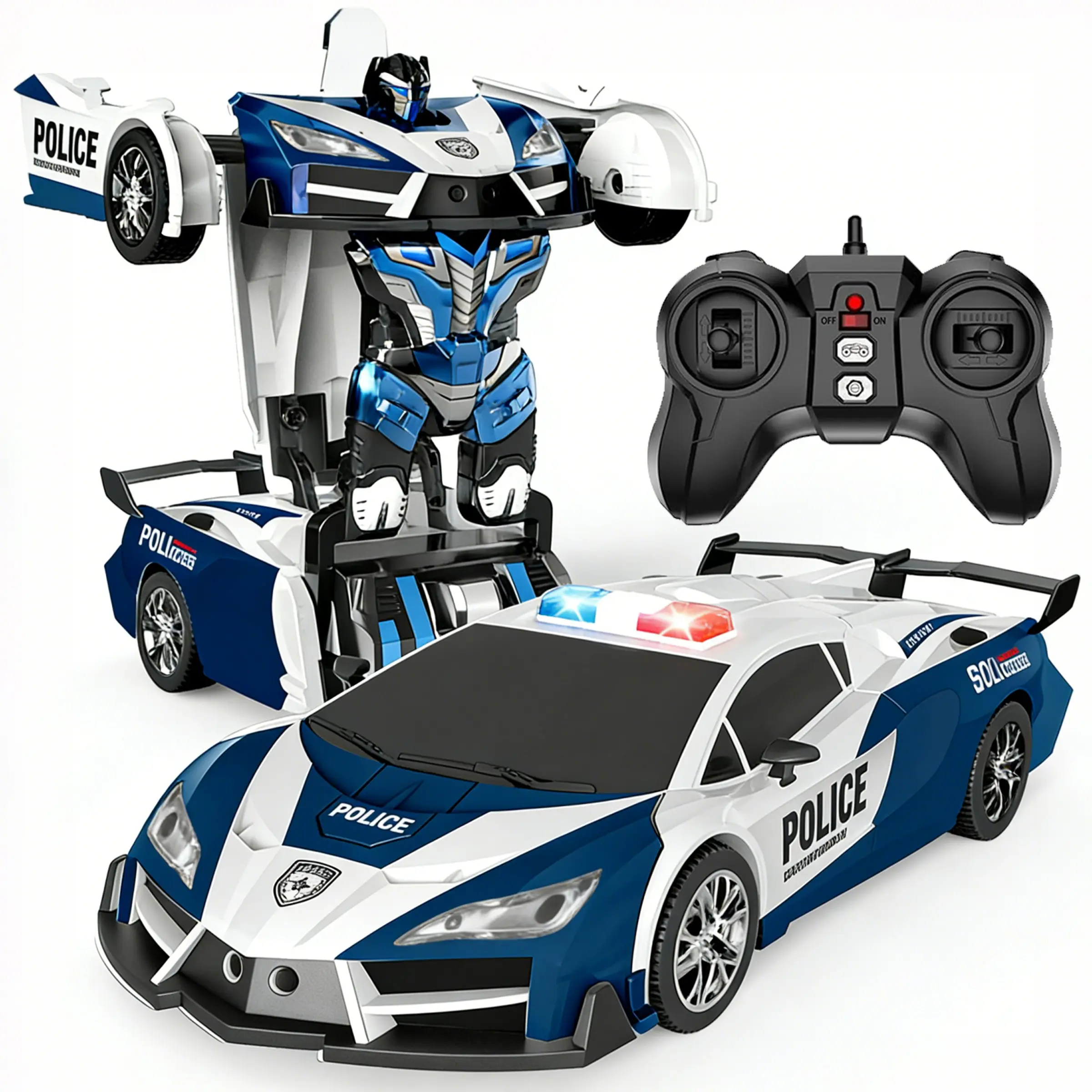 Remote Control Transforming Police Car Toy, 360° Drift, Dynamic Lighting, Plastic Material, Battery Powered, Christmas Gift for Kids