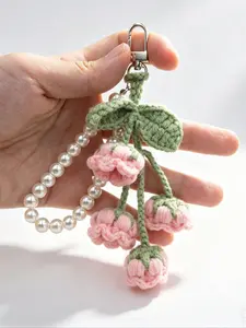 Faux Pearl Chain Crocheted Lily of The Valley Flower String Keychains, Keychain For Bags, Handmade Crochet Bag Charm Beaded Bell Orchid Floral Cluster Keyring Purse Charms Bag Accessories, Keychain Accessory, Backpack Pendant Car Mirror Hanging Ornament