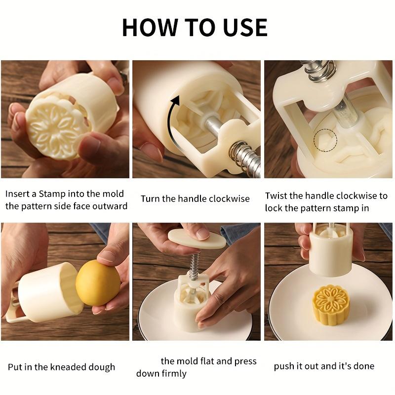 Four-in-one DIY Mooncake Cookie Mold Set (with flower-shaped stamps) -- Plastic hand-pressed mung bean cake baking mold, Mid-Autumn Festival pastry mold, Chinese-style mooncake DIY baking tool