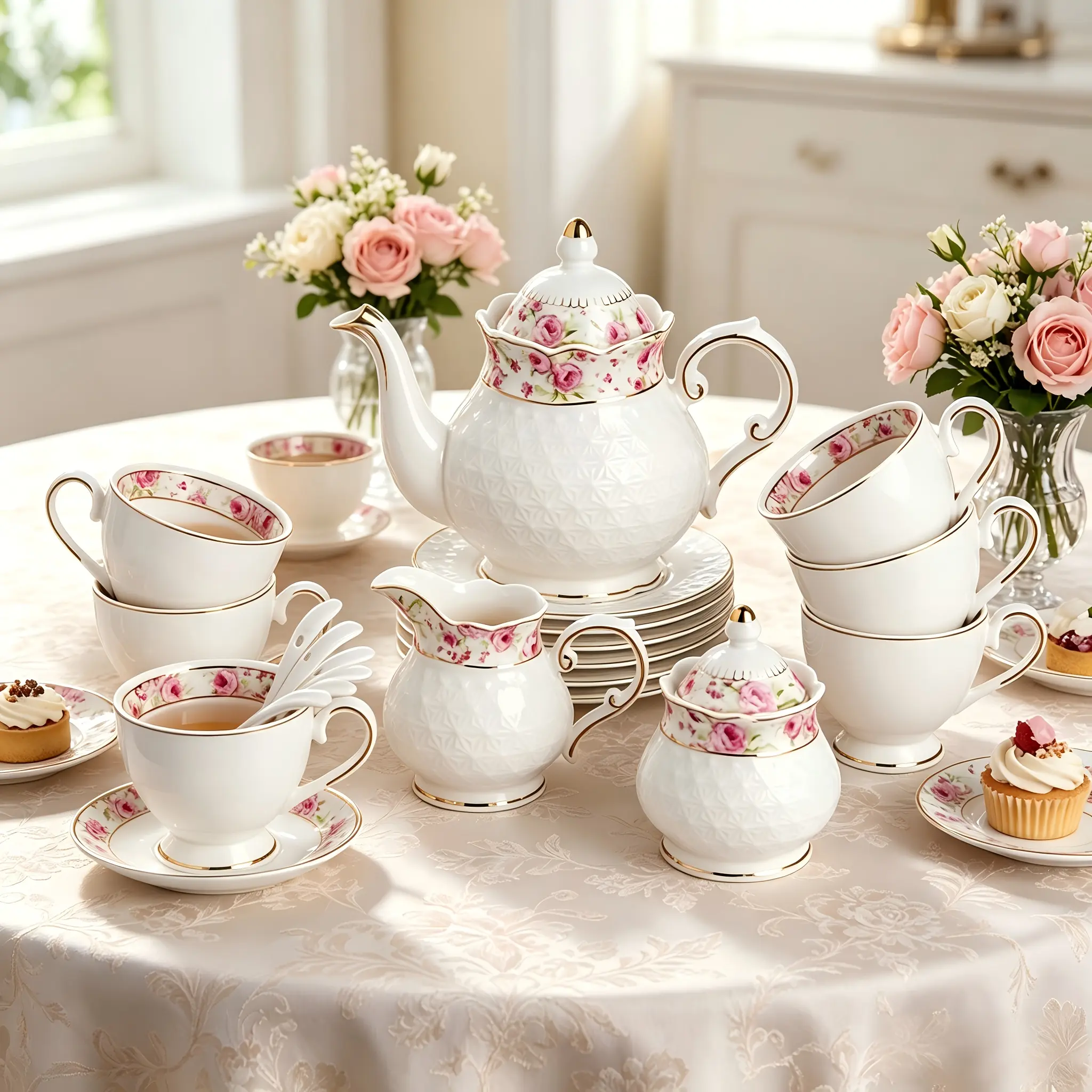Sweejar 21pcs Porcelain Tea Set, Vintage British Floral Relief Golden Rimmed, Service for 6 with Teapot, Sugar Bowl, Milk Jug, Spoons, 6 Sets of Cups & Saucers
