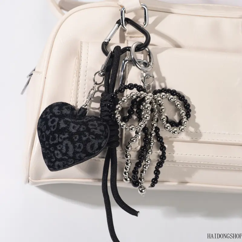 Coquette Viral Old Money Miu Style Black Silver Beaded Bow Bag Charm For Girls, Leopard Heart Dual-Use Keychain, Sweet Luxury Accessory For School Travel Daily Outfit Styling