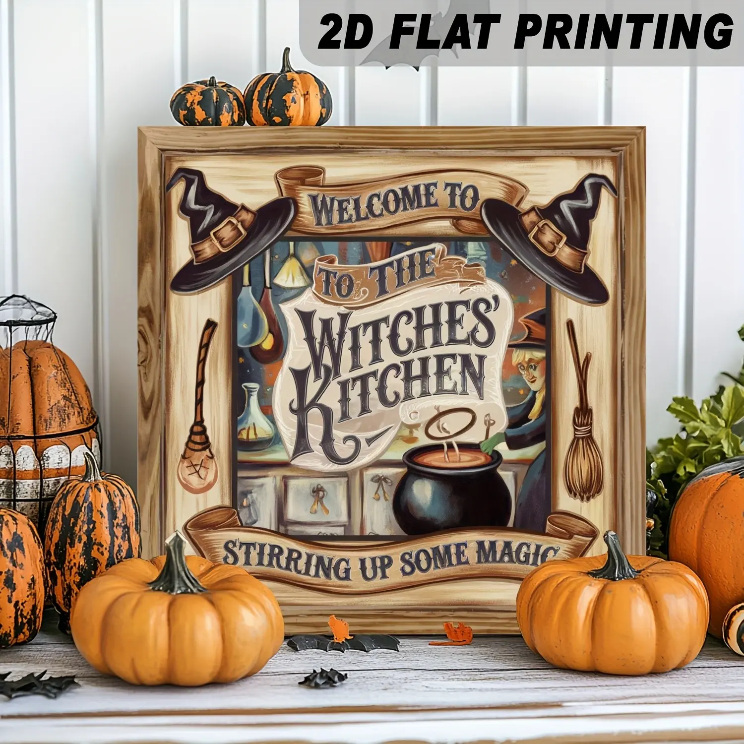 Wooden Wall Hanging Sign Welcome To The Witches Kitchen Stirring Up Some Magic, Witch Broom Cauldron Halloween Wood Plaque, Rustic Farmhouse Kitchen Witchy Indoor Halloween Home Decor Gift