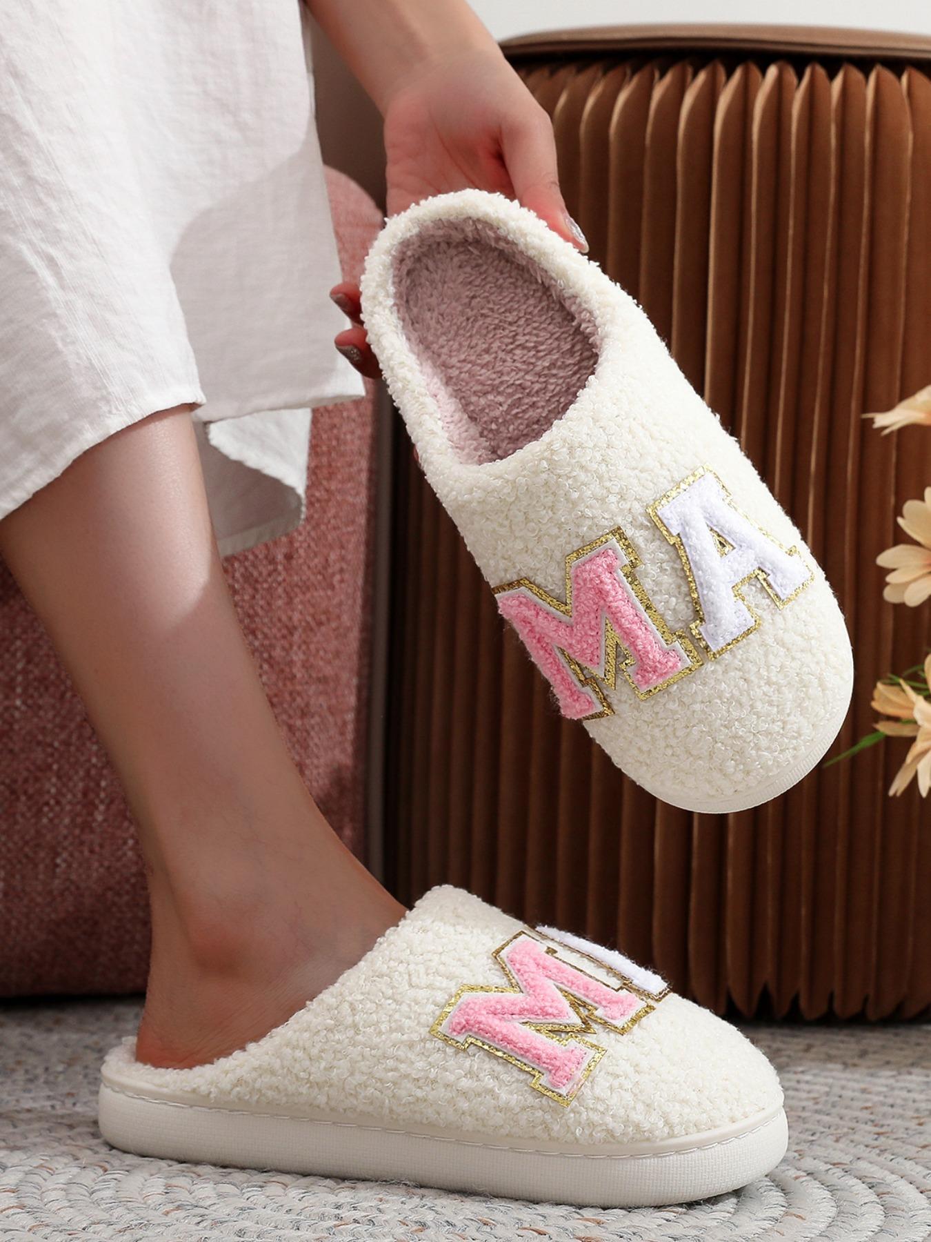 Women's Glitter Letter Pattern Plush Slippers,  House Slippers, Casual Soft Comfortable Home Slippers,  Bedroom Slippers, Ladies Slippers, Warm Slippers for Indoor & Outdoor Use for Fall & Winter