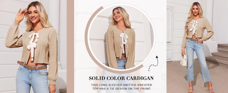 Saodimallsu Womens Cropped Cable Knit Cardigan Sweaters Long Sleeve Bow Tie Front Crew Neck Chunky Sweater Tops