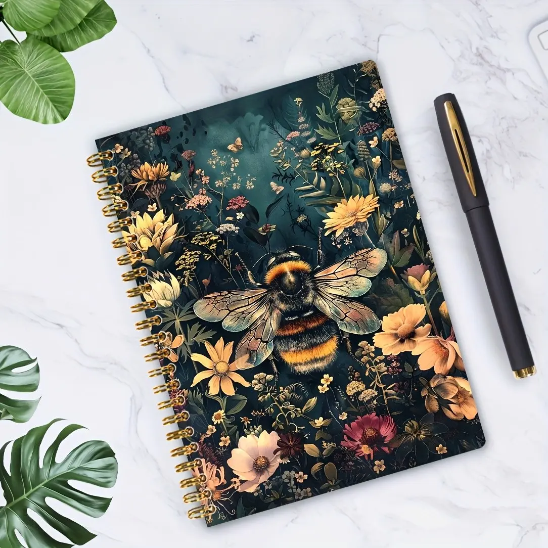 An A5 hard leather double helix bound diary and notebook, Bee Flower Fantasy: Honeycomb Flower Spiral Notebook, easy to turn pages, removable, college-sized thick paper double helix notebook,