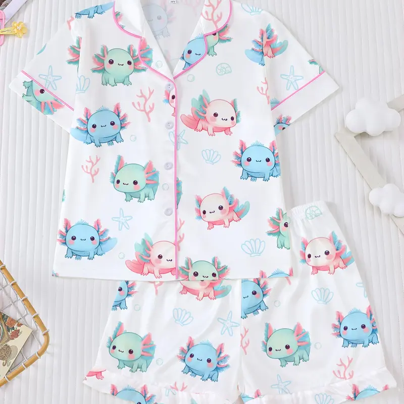 Four Seasons New Children's Short Pajama Set, Cute Hexagonal Dragon Print, Flip Collar Open Button Home Pajama Clothing, Summer Flame Retardant Short Sleeve Shorts Set, Soft Breathable Pjs