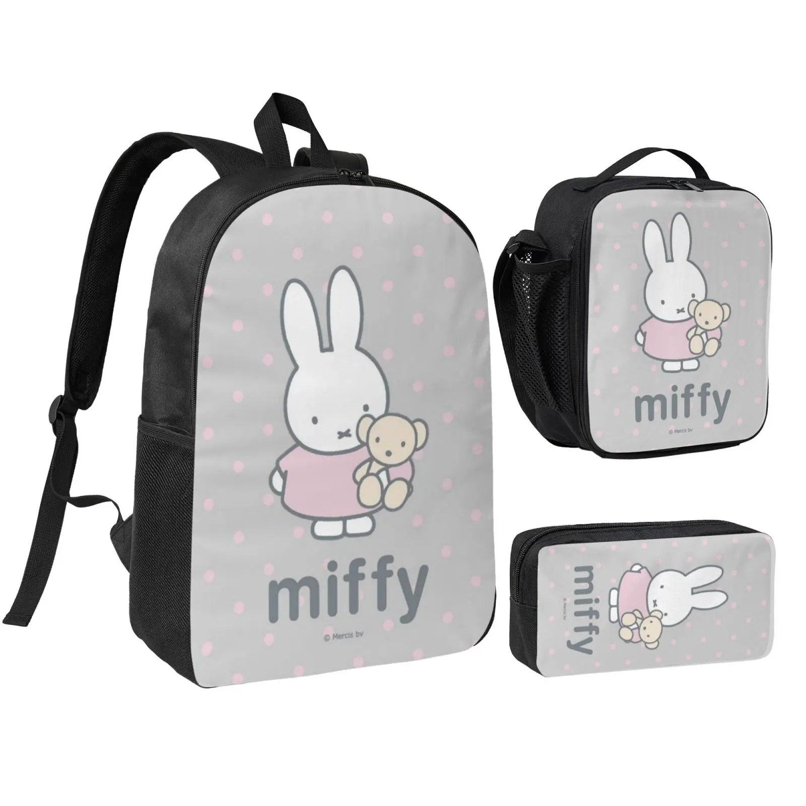 Kids' Anime Graphic Miffy2 3-Piece School Backpack Set - Adjustable Straps, Insulated Lunch Bag, Zip Pencil Case, Foam Padding, Waterproof, 12.6x17x5.1 Inches, Lightweight Daypack for Back to School Hauls, Birthdays, Christmas Gifts