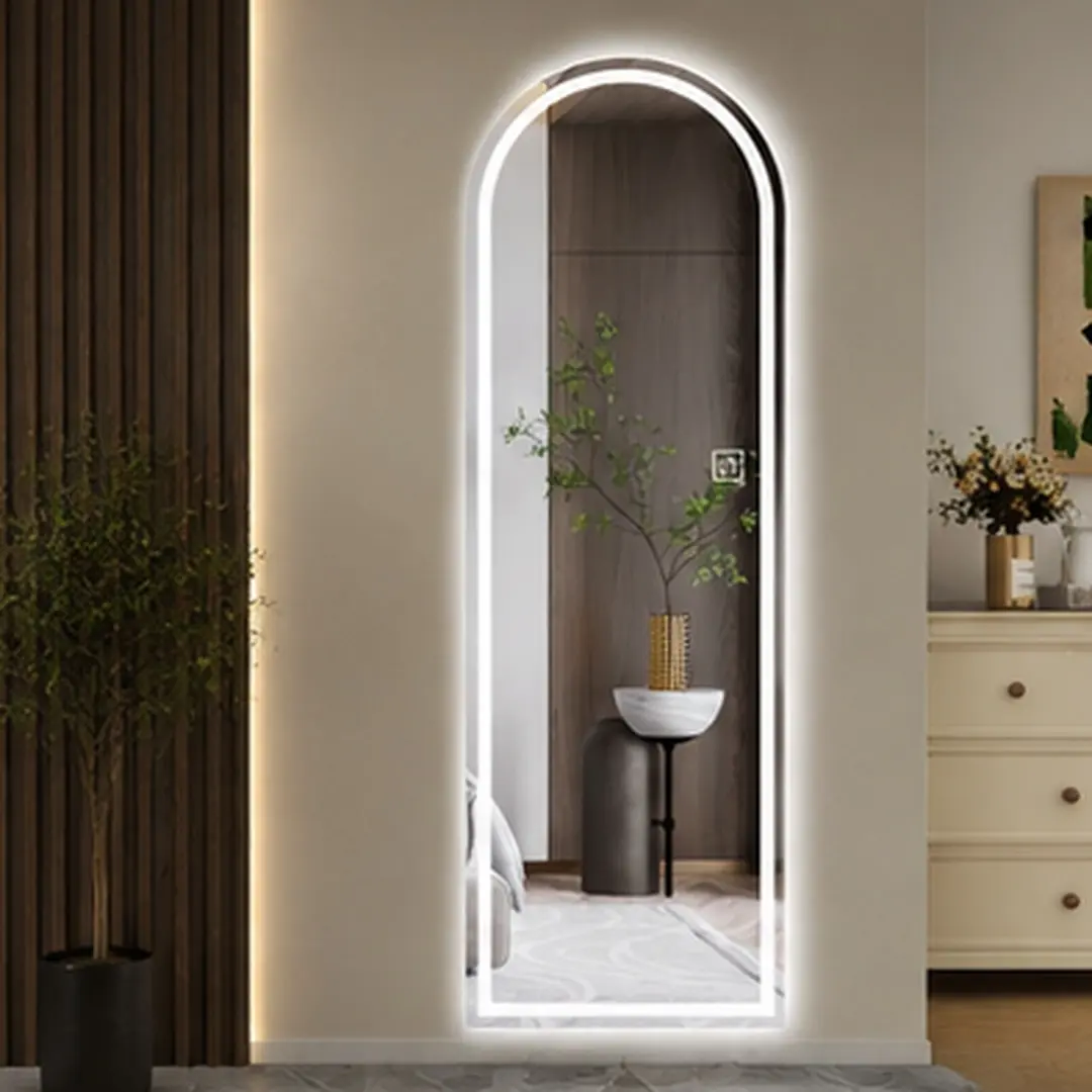 ARCH Arched Full Length LED Lit Body Dressing Mirror (65x21in) - Wall-Mounted Minimalist Vanity Aesthetic Glass, Front LED Lighting, Dimmable 3 Color Temperatures, Memory Function, Touch Control, Easy Installation, Silver Home Decor