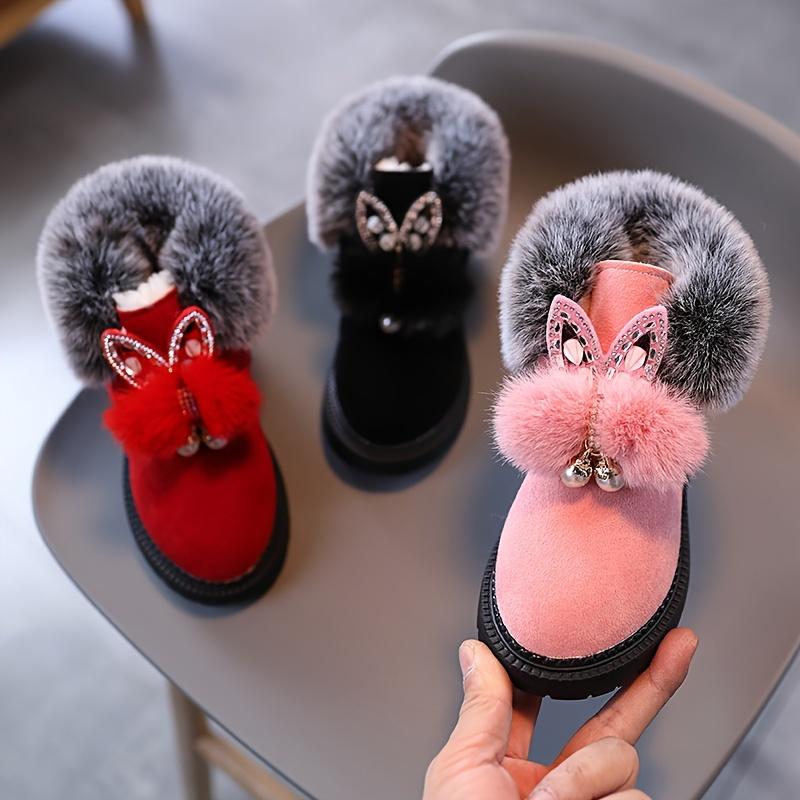 [Warm Snow Boots] Winter Warm Girls' Snow Boots |         Plush Faux Fur Trim & Sparkling Bows - Thickened Velvet-Lined First Walker Shoes, Round Toe, Red/Pink/Black