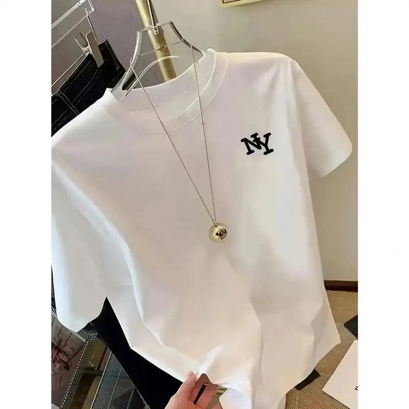 Women's Basic Minimalist Letter Print Round Neck Shortsleeve Cotton T-Shirt - Casual Wear Sports Top, Versatile Fitted Graphic Tee for Spring/Summer, Standard Sizes Streetwear Lady Clothes, Tshirt