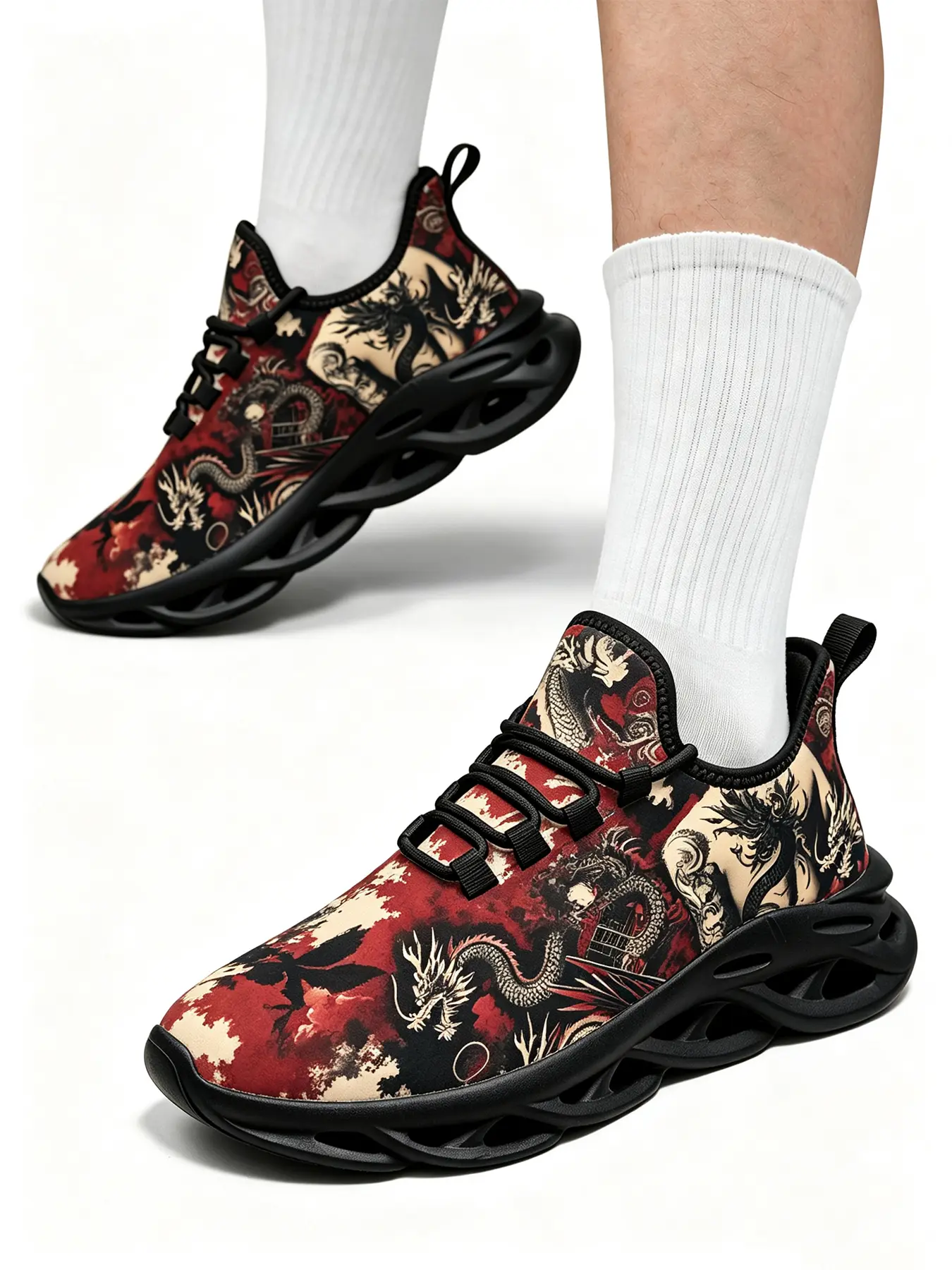 Oriental Traditional Dragon Totem Pattern Men Women Chunky Sneakers Reathable Mesh Hollow Cutout Sole Walking Shoes Comfortable Non-Slip Wear-Resistant Hollow Blade Cushioned Sole Sneakers Art Pattern Trend Streetwear Sports Footwear