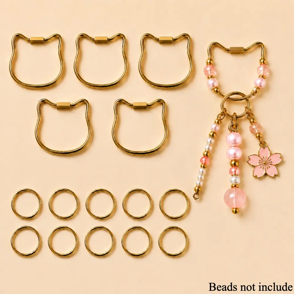 Unisex 15PCS Cat Head Beadable Keychain Kit - Key Rings, DIY Cat Shape Bag Charms, Blank Beadable Bars for Beading, Jewelry Making, Backpack/Purse Crafts, Holiday Gift Supplies