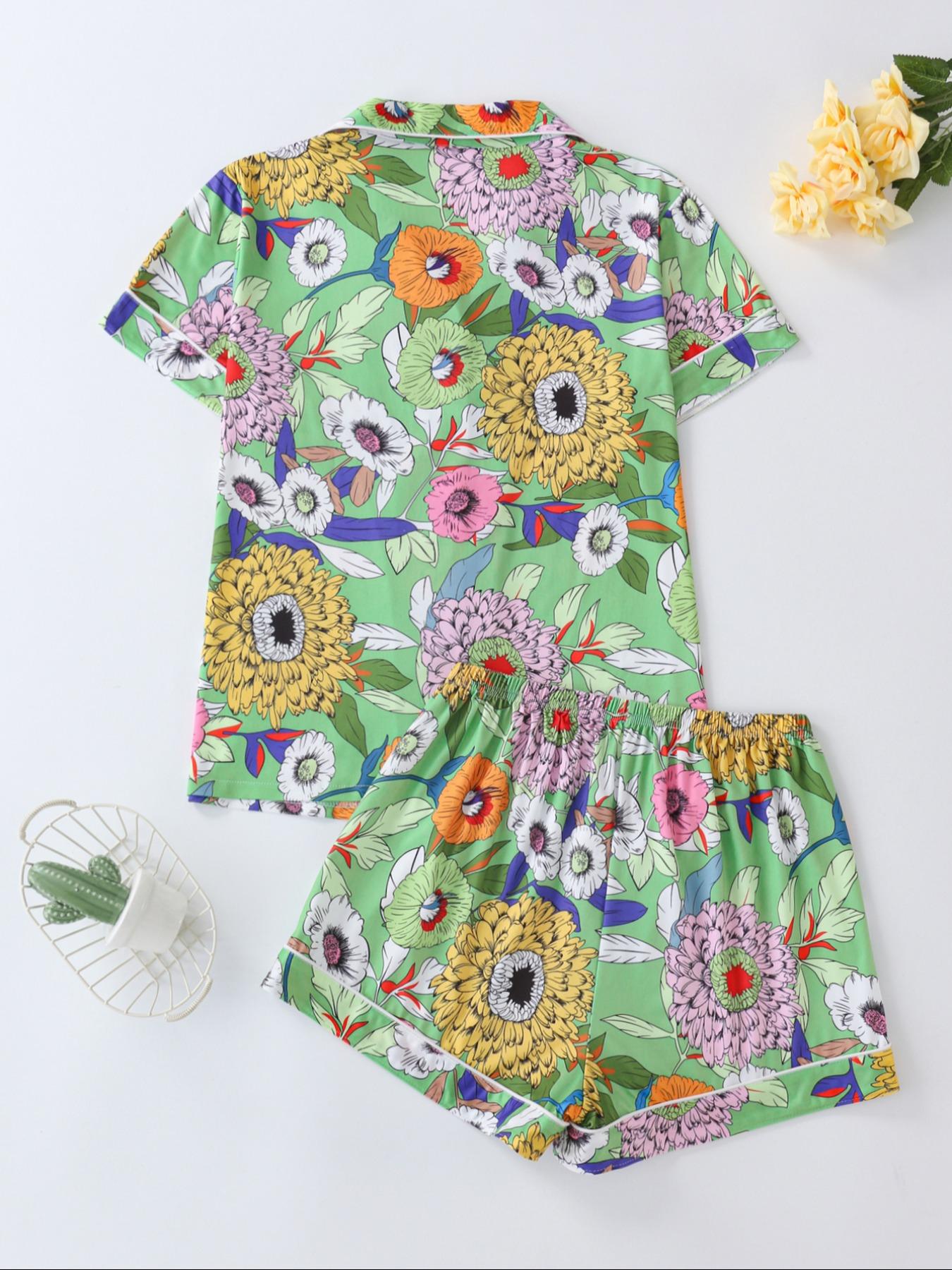 Women's Floral Print Lapel Neck Button Front Shirt & Elastic Waist Shorts Pyjama Two-piece Set, Casual Comfy Short Sleeve Pocket Top & Shorts Pj Set, Ladies Summer Sleepwear, Cute Pajama Sets Women, Pajamas, Button Closure Top