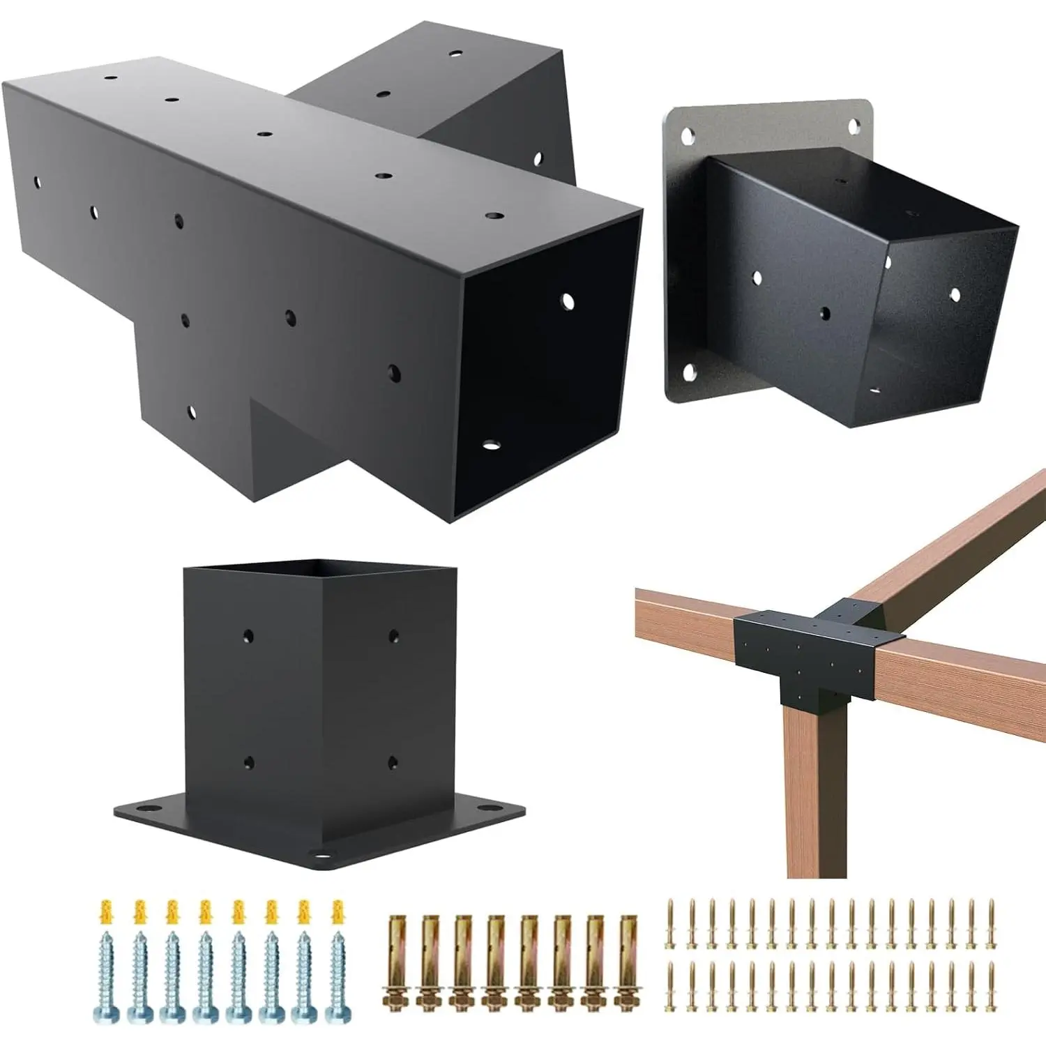 Pergola Kit, 15° 4-Way Slanted Roof Pergola Bracket Set, PowderCoated Roof Wall Mount Pergola Brackets 4" x 4" (Actual: 3.5x3.5 Inch), Pergola Hardware for Porch Gazebo Backyard (3 pcs), Black