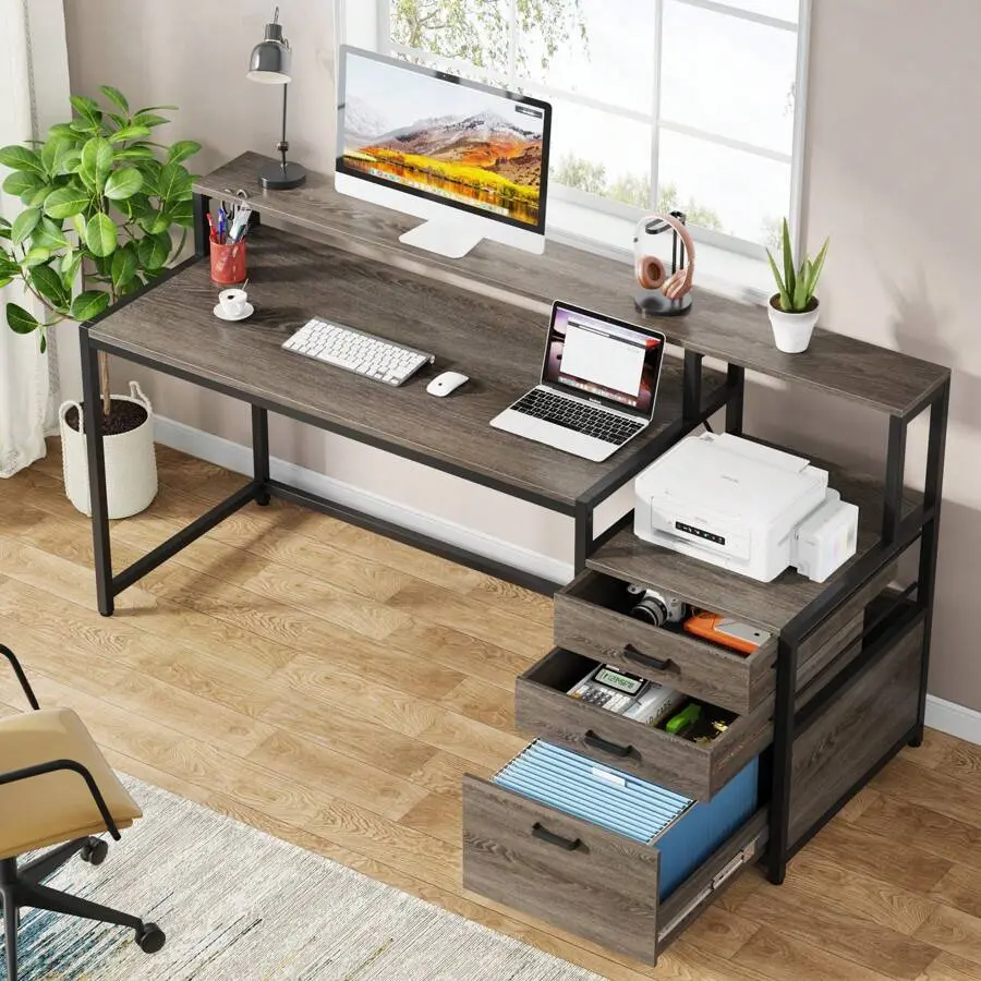 Industrial Computer Desk, 63-Inch Home Office Workstation With File Drawer Cabinet, Monitor Stand, And Printer Space, Wood PC Table