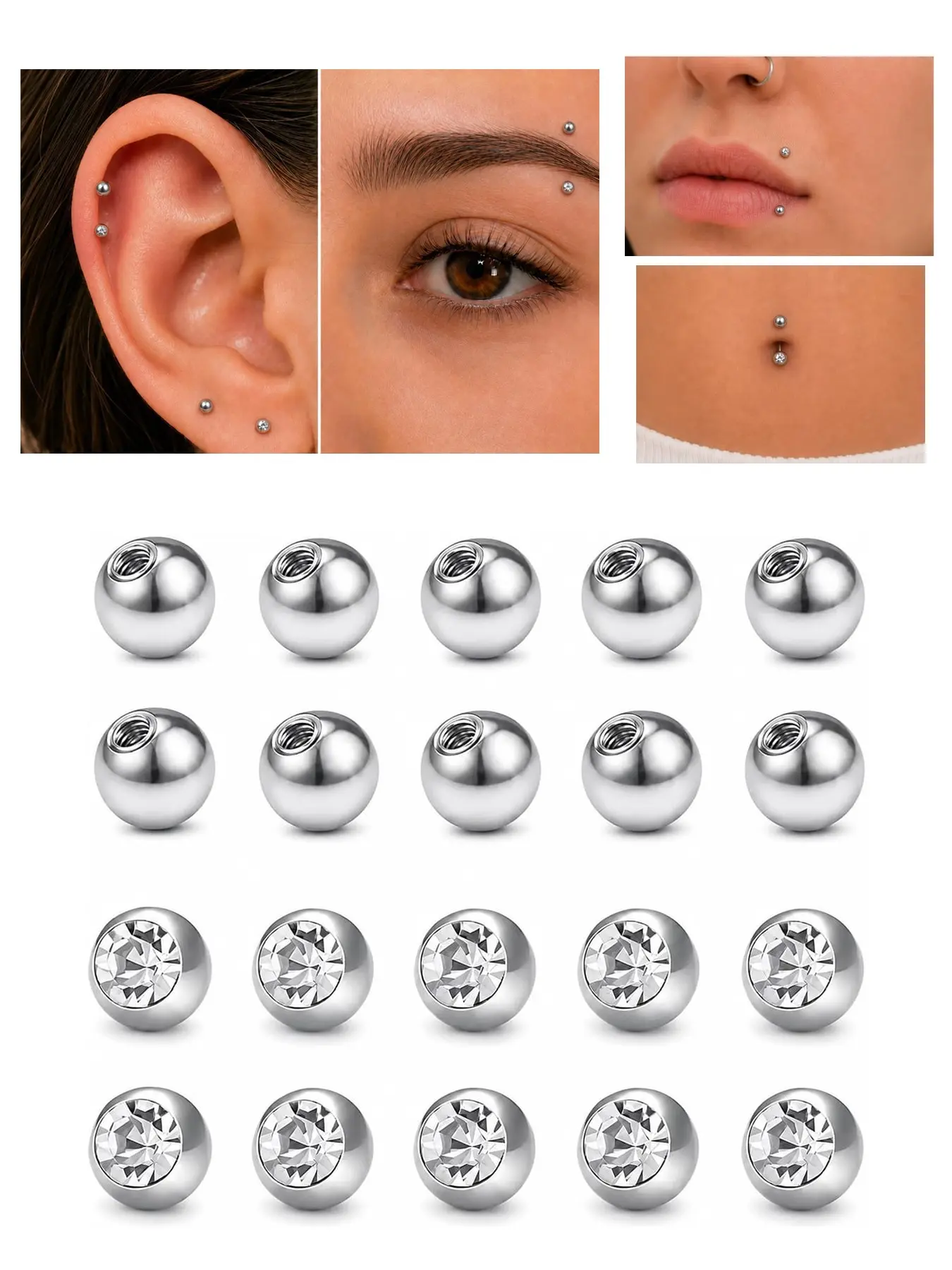 20-Piece Set 14g/16g Piercing Jewelry Replacement Balls, 316L Stainless Steel, Suitable for Lip Rings, Tongue Rings, Ear Gauges, Navel Rings, Belly Button Piercing, Industrial Barbells