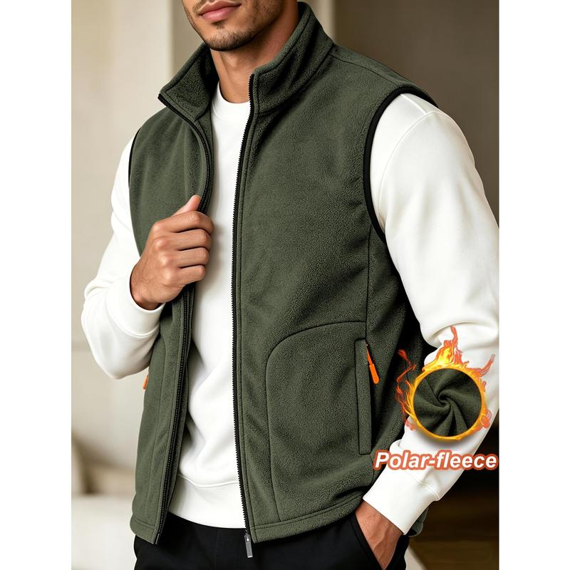 Men's Sports Casual Fleece Sleeveless Vest, Stand Collar Full Zip Up Outerwear, Solid Color Warm Cold‑Proof Top with Large Capacity Zippered Pockets for Daily Commute & Holiday Travel