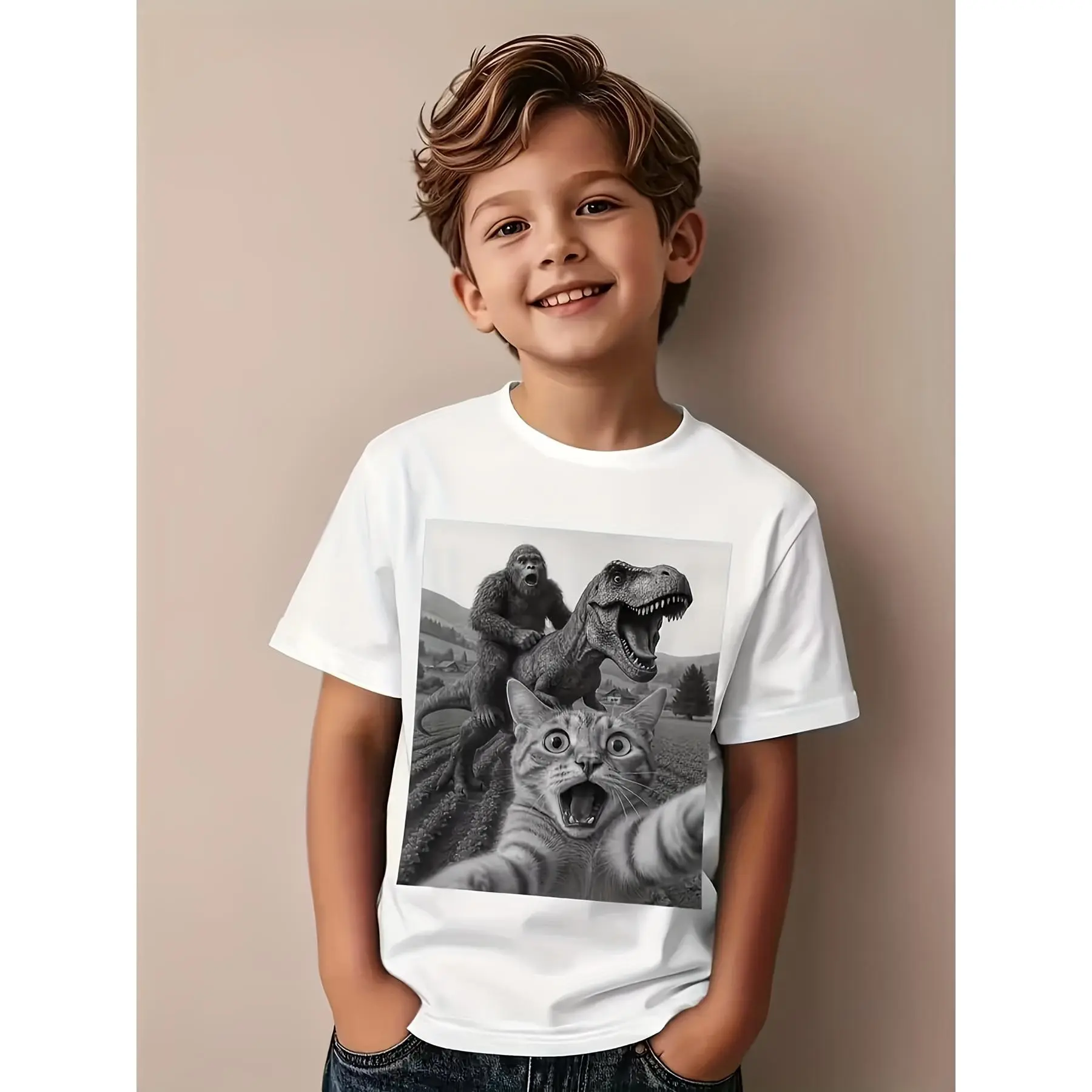 White Boys Girls Short Sleeve Crew Neck T-Shirt Funny Dinosaur Cat Gorilla Selfie Graphic Print Tee for Kids Children Casual Summer Top Birthday Gift