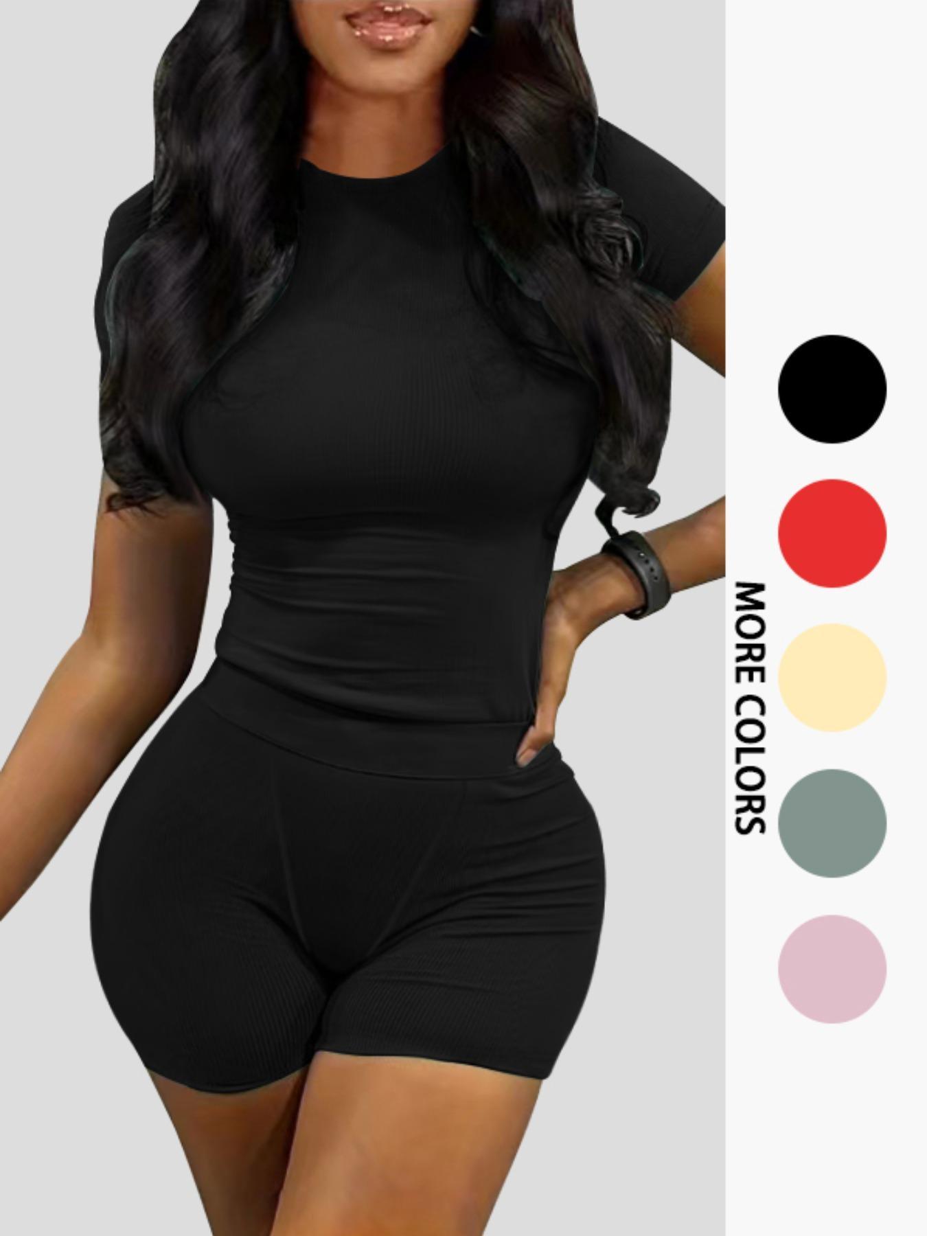 Women's Solid Ribbed Top & Skinny Shorts Set, Casual Comfy Round Neck Tee & Shorts For Yoga Gym Workout, Ladies Summer Clothes, Casual Activewear