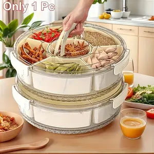 Portable Snack Tray, Durable Transparent, 6 Compartments, 360° Rotating Base, Leak-Proof Lid, Handle, Space-Saving, RV, Kitchen, Picnic, Party, Travel