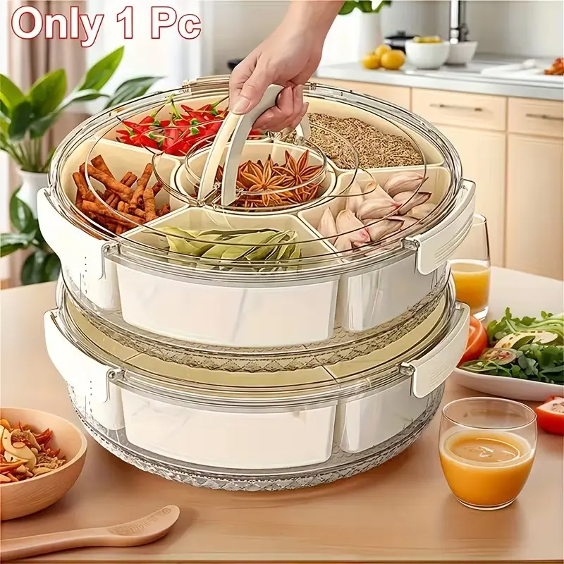 Portable Snack Tray, Snack Organizer Box, Food Storage Container, Durable Transparent, 6 Compartments, 360° Rotating Base, Leak-Proof Lid, Handle, Space-Saving, RV, Kitchen, Picnic, Party, Travel