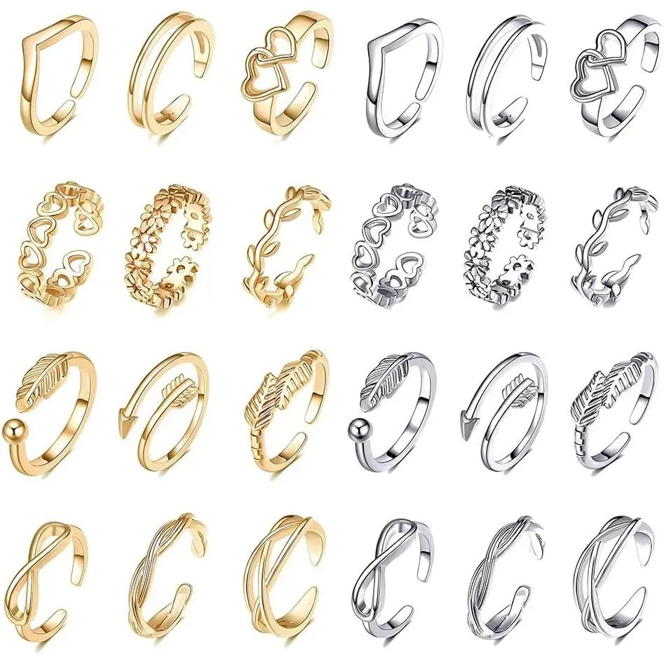 24Pcs Open Toe Rings Set for Women Adjustable Toe Band Knuckle Ring Arrow Knot Star Moon Finger Tail Foot Rings Summer Beach Foot Jewelry