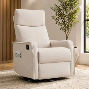 Fabric Manual Rocking Recliner Chair with Heat Massage, Swivel Function, Square Arms, Metal Frame, Beige, Easy Assembly, Living Room Chair