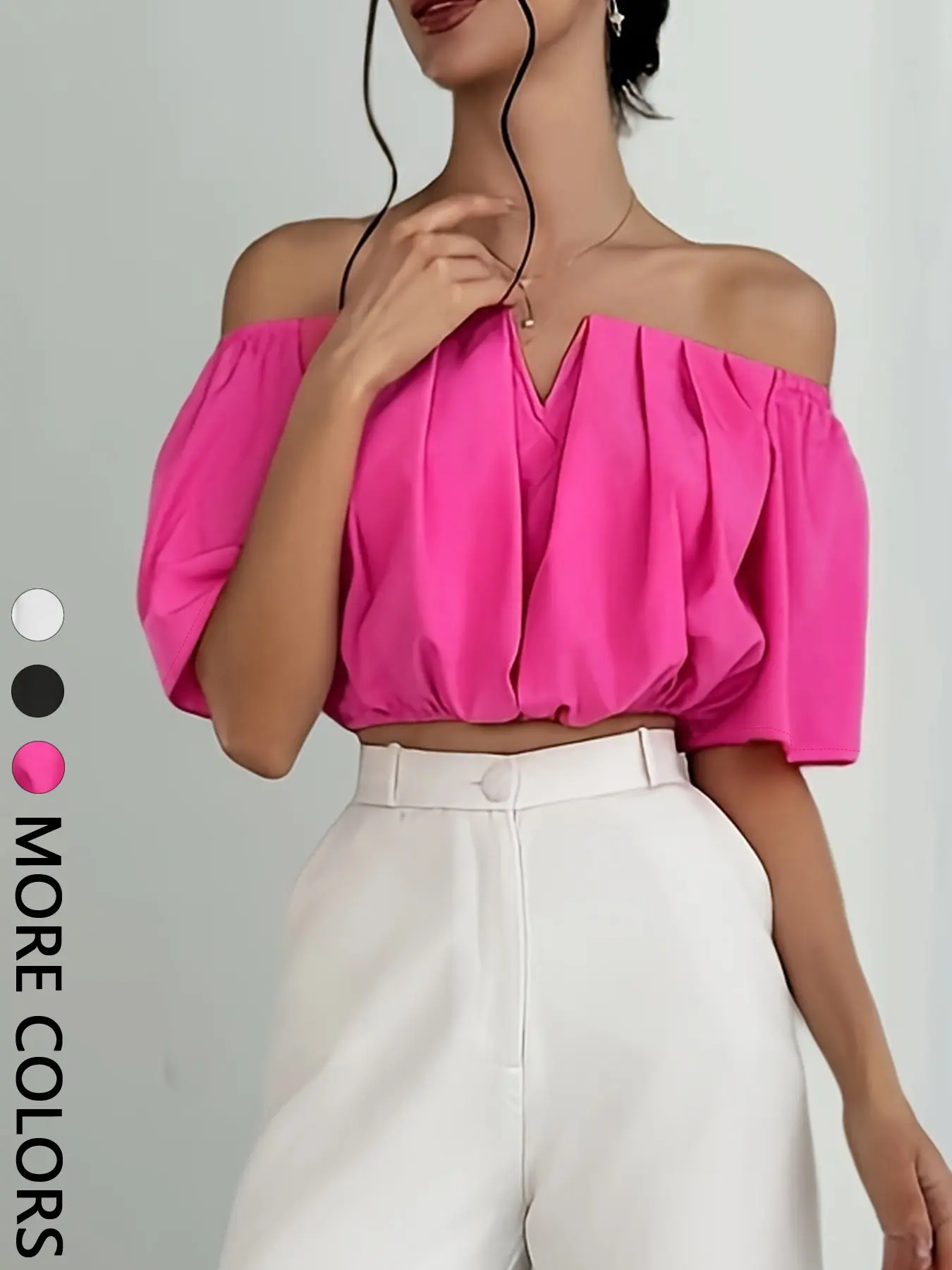1 Piece Minimal Off Shoulder Straight Neck Puff Short Sleeve Bust Press Pleats Elastic Waist Cropped Midriff Inner Top Blouses